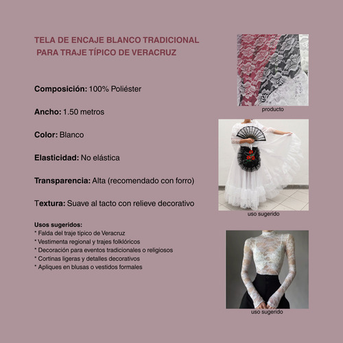 Tela De Encaje Blanco Para Traje Veracruzano (1 Metro) Blanco