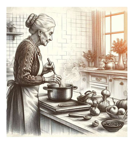 Vinilo 20x20cm Abuela Cocinando Dibujo Retro Amor Food