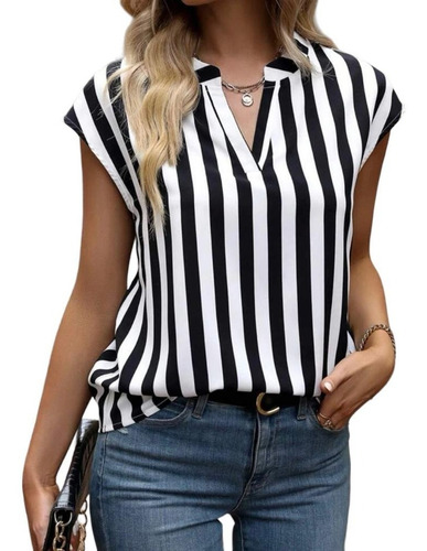 Blusa Encantador Estampado A Rayas De Cuello V Casual Dama