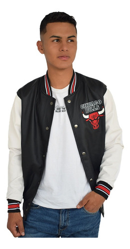 Chaqueta Estilo Beisbolera Chicago Bulls Negra En Cuerotex