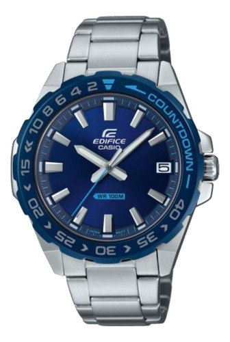 Reloj pulsera Casio EFV-120 con correa de acero inoxidable color plateado - fondo azul