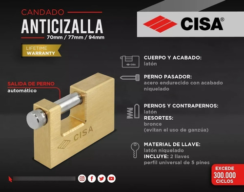 Candado Anticizalla Cisa 70mm De Bronce Con 2 Llaves
