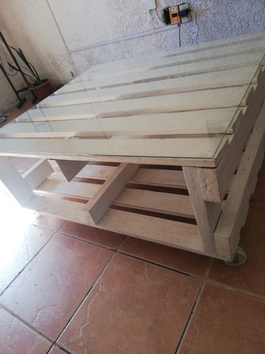 Mesa Ratona De Living De Pallet, Con Vidrio Y Ruedas