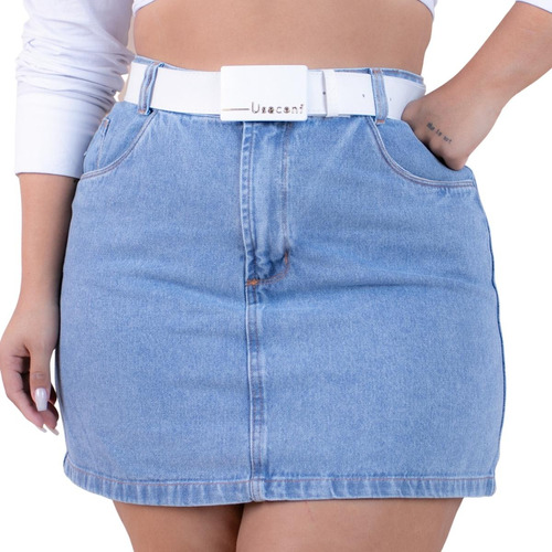 Saia Jeans Plus Size Lisa Com Cinto Bran Cintura Alta