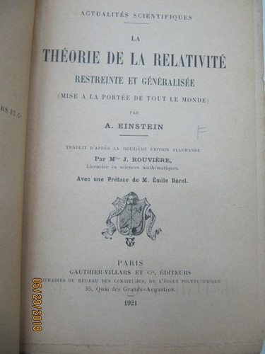 La Theorie De La Relativite A. Einstein 1921 (Usado)
