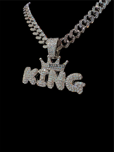 Collar Cubana Ice + Frase King Ice Strass Simil Oro Trap Plateado