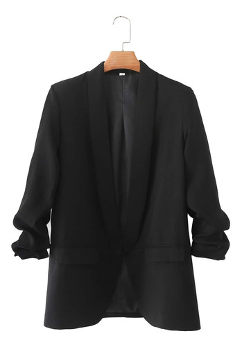 Blazer Negro De Cuello Esmoquin De Manga Fruncido