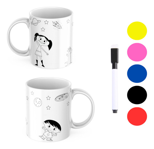 Caneca Luna Personalizada Para Pintar + 5 Canetas De Cor Branco