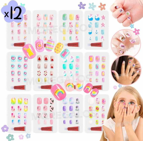 Uñas Postizas Para Niñas Diseño Infantil Con Pegamento X12