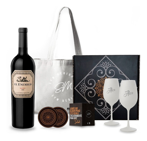 Box Set Vino Enemigo Malbec 2 Copas Blancas Grabada Estuche