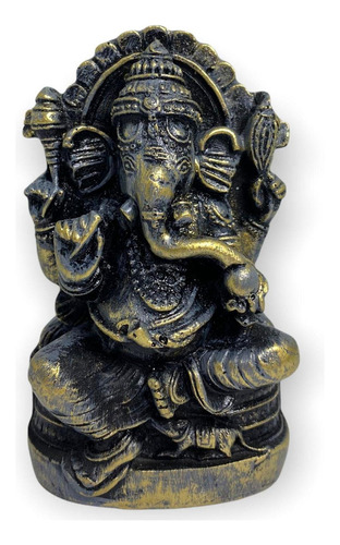 Escultura Ganesh Meditando No Trono 9 Cm Dourado Envelhecido