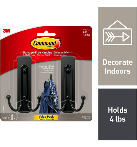 Command Large Wall Hooks, 2 Pack, Matte Black, Organize D...