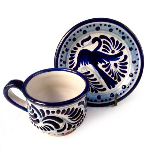 50 Tazas Y 50 Platos Talavera Poblana Barroca 350ml Azul #2