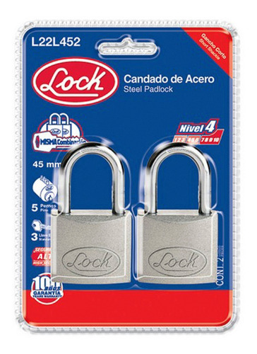 Juego Candados Acero 45mm Gancho Largo Misma Ll Lock L22l452
