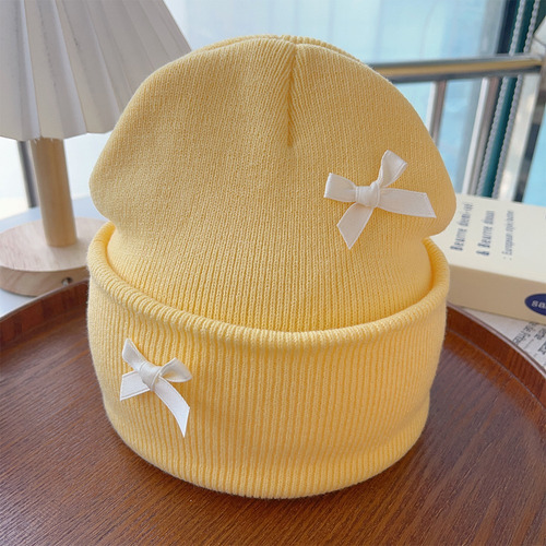 Gorro De Punto Con Lazo Para Mujer, Gorro De Punto, Amarillo