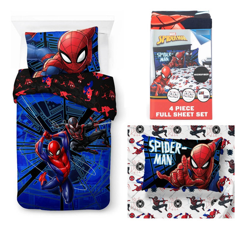 Set Cama Matrimonial 6pz Spiderman Edredon 2 Vistas Sabanas Azul Spiderman