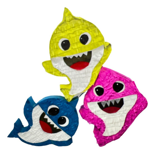 3 Mini Piñata Decorativa Baby Sharks Amarillo Azul Rosa Mesa