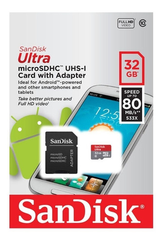 Cartão Micro Sd 32gb Sandisk Classe 10 80mb/s Nota Fiscal F