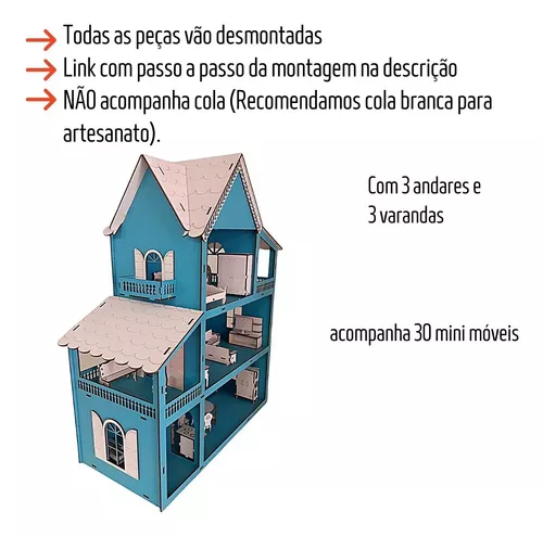 Kit Casinha Casa De Boneca + 30 Moveis Em Mdf Pintado