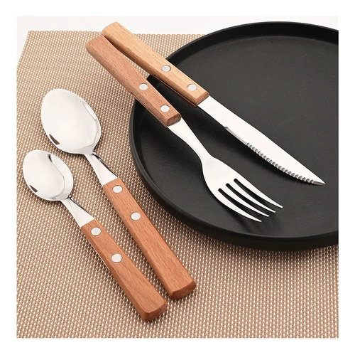Juego De Cubiertos Con Mango De Madera, Vajilla De Acero