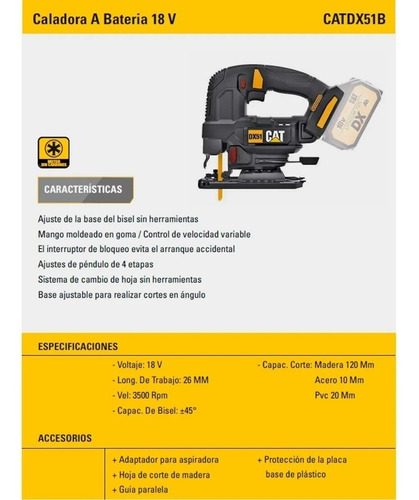 Imagen 4 de 9 de Sierra Caladora Pendular Brushless Bateria Caterpillar Dx51b
