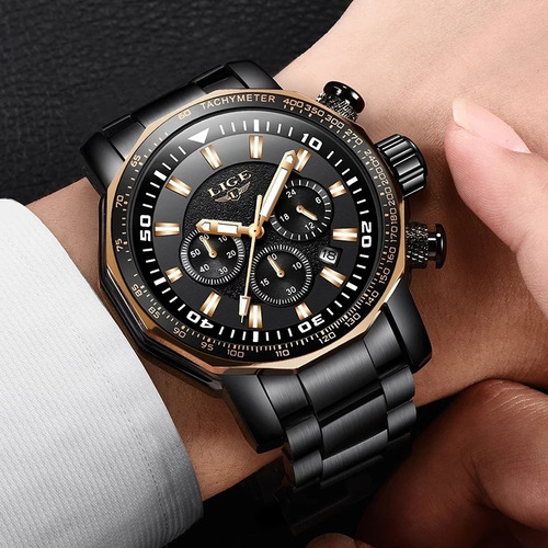 Relógio Masculino Lige 9871 Original Aço Inox Preto