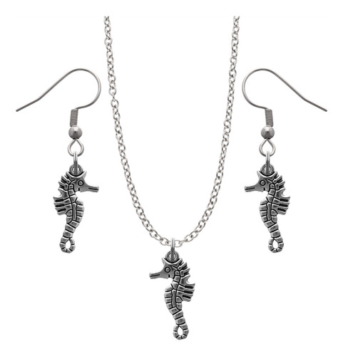 Kit Collar Y Aretes Animales Acuáticos Dije Cadena Acero Plateado Caballito De Mar