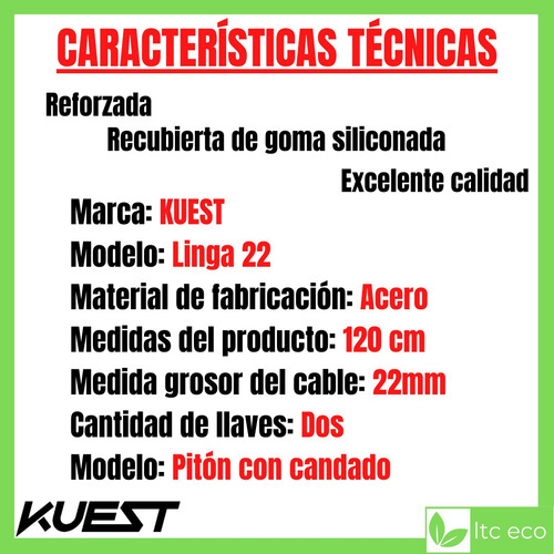 Candado Linga Piton Moto Bici 22mm X 1,2m Eslabones 2 Llaves
