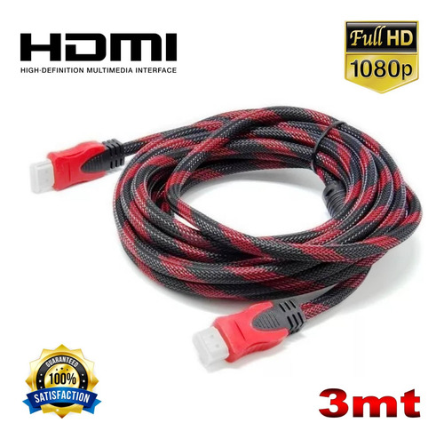 Cable De 3mts Hdmi Con Doble Filtro Punta Dorada Full Hd