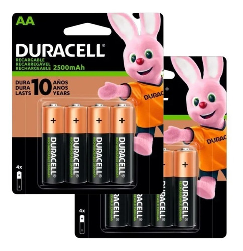 Kit De 8 Piezas Aa Duracell, Larga Duración, Recargables