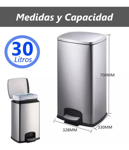 Cubo De Basura De Acero Inoxidable 30 Litros Hogar Oficina