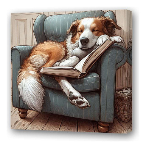 Cuadro 45x45cm Perro En Sillon Durmiendo Leyendo Libro