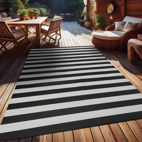 Alfombra Vinilica Rayada Blanco Negro 140x200 Kreatex