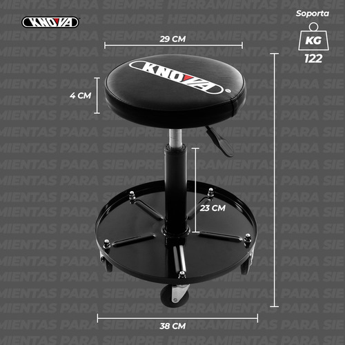 Banco para Mecánico KNOVA KN 7429 Negro. Altura Ajustable de 44.5 cm a 57.5 cm con Pistón de Gas, Capacidad 122 kg, Charola Segmentada para herramientas y 5 Ruedas de 2.5" y Asiento Acojinado