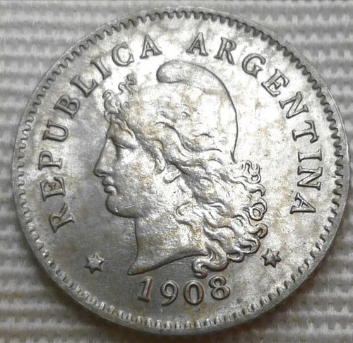 Argentina Moneda 10 Centavos 1908 Sin Circular + Brillante