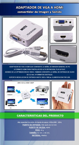 Conversor Adaptador Vga Hdmi Full Hd Vga2hdmi Audio Video