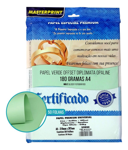 Papel Colorido A4 180g Diplomata Offset 50 Fls Masterprint Cor Verde