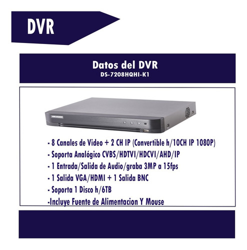 Grabadora Dvr 8 Canales Hikvision 3mp Turbo Hd Audio 7208hqhi
