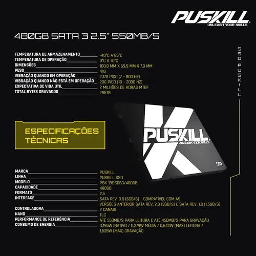 Disco sólido interno SSD PUSKILL 480gb Sata 3 2.5 6gb/s PSK