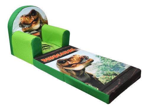 Sillon Infantil Convertible A Cama De Espuma Dinosaurios Color Verde