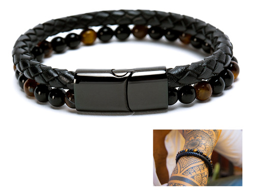 Pulsera De Hombre En Cuero Con Piedras Ojo De Tigre