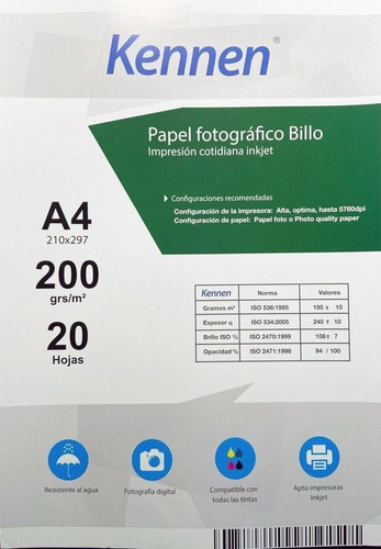 Papel Foto Premium Kennen 200gr A4 Glossy Waterproof En Caba