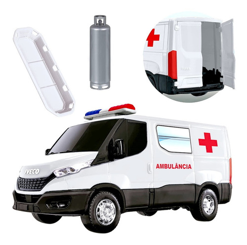 Carrinho Infantil Ambulância Realista Iveco+ Maca E Oxigênio Cor Branco