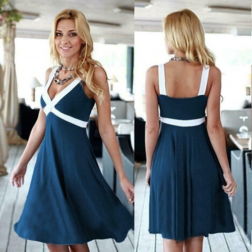 Minivestido Azul Casual Tirantes Moda Asiática