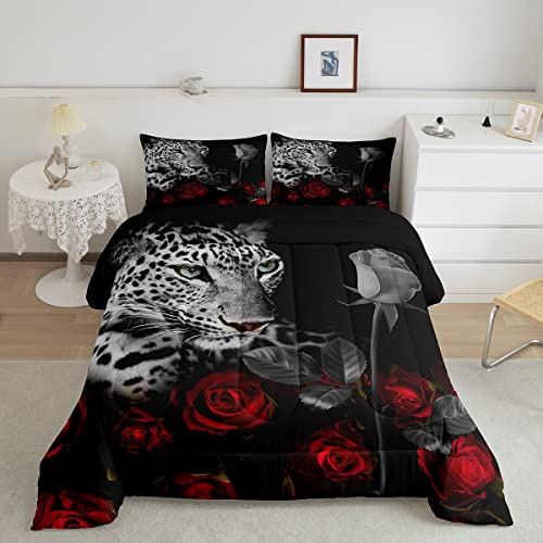 Juego De Ropa De Cama De Leopardo Rosas Rojas, Juego De...