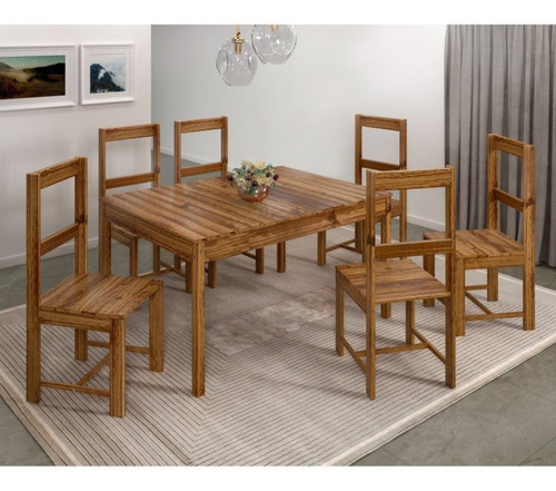 Conjunto Mesa 120x75cm E 6 Cadeiras De Madeira Pinus Bdwt