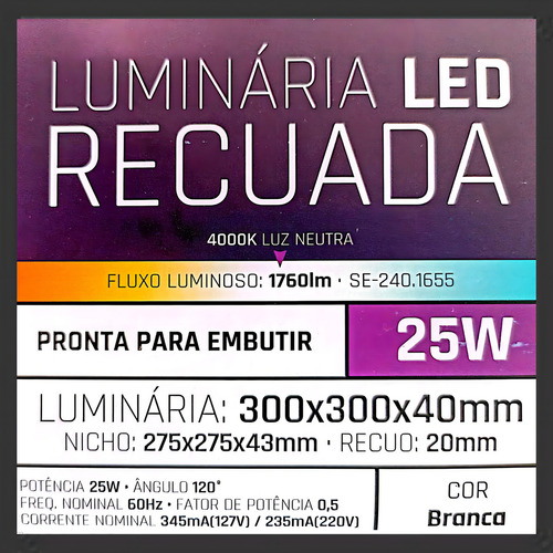 03 Painel Save Energy 30x30 Embutir Recuada Quadrado 4000k