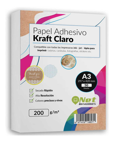 Imagen 1 de 5 de Papel Adhesivo Kraft Claro A3 200g Pack 50 Hojas