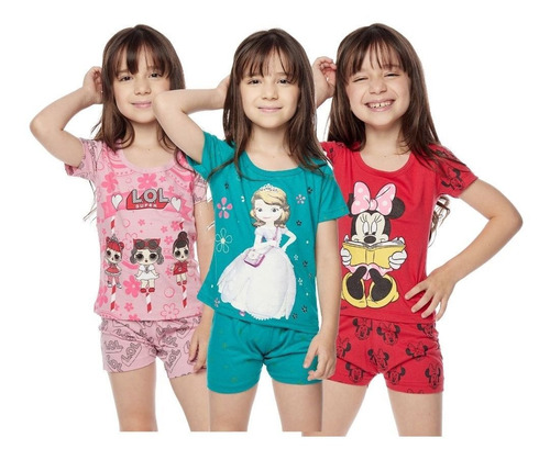 4 Pijamas Feminino Infantil Curto Princesa Direto Fábrica
