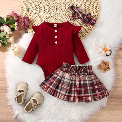 Suit Para Niñas Con Botones Abiertos Y Falda A Cuadros